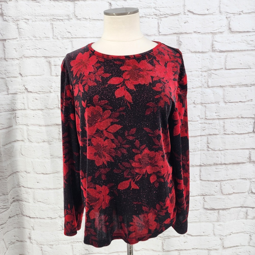 Vintage Whimsigoth Velvet Top Gothic Floral Glitter Glam Dark Fairy XL Vamp Red